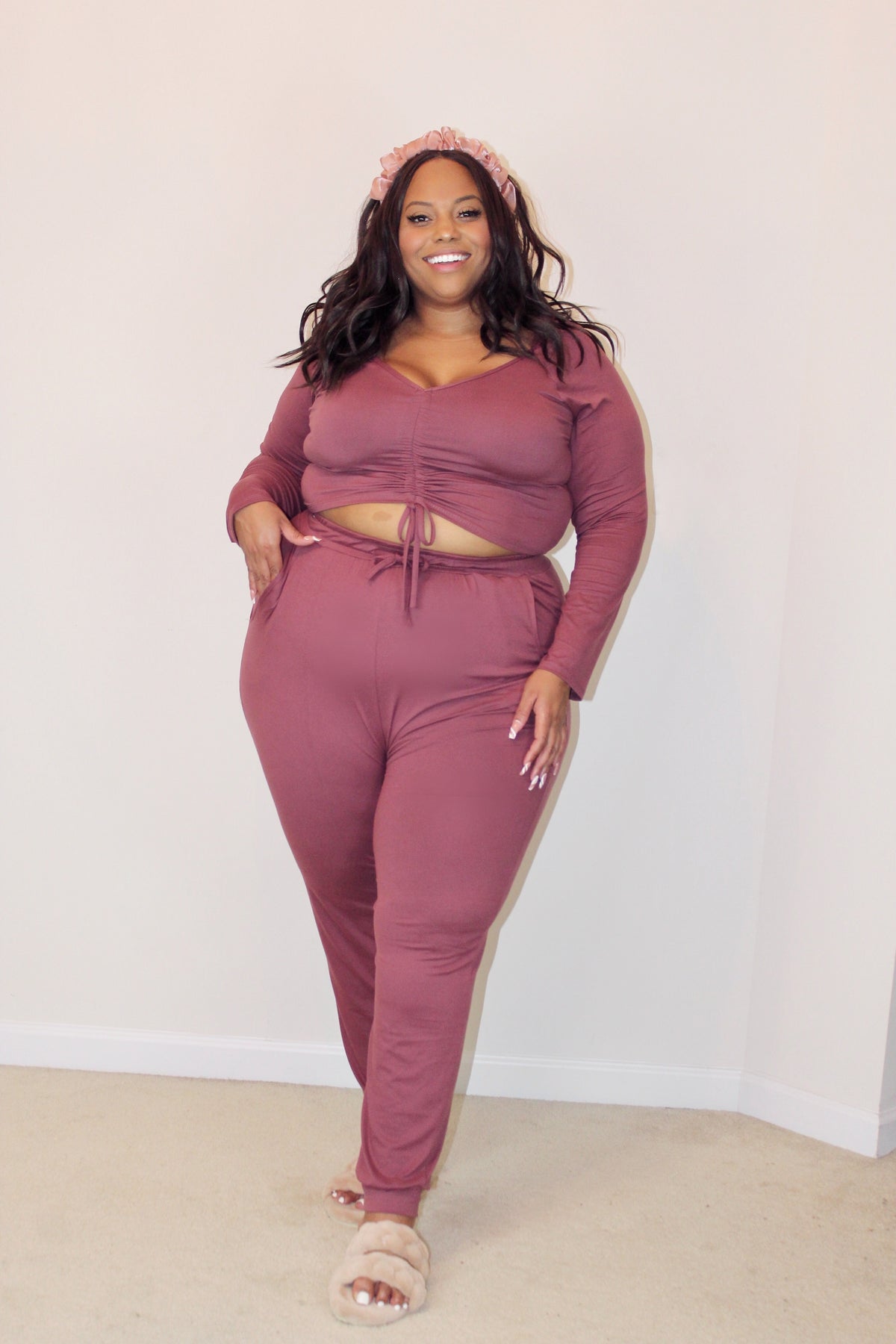 Plus Adjustable Ruched Crop Top And Leggings Set